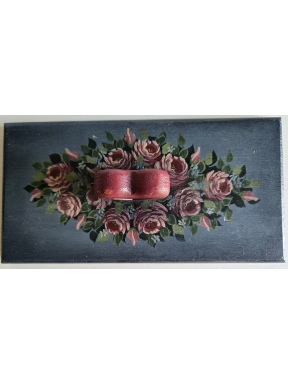 Painted Folk Art Wooden Box with Lid Heart Roses Blue Pink Faux Marble Finish - Picture 6 of 14